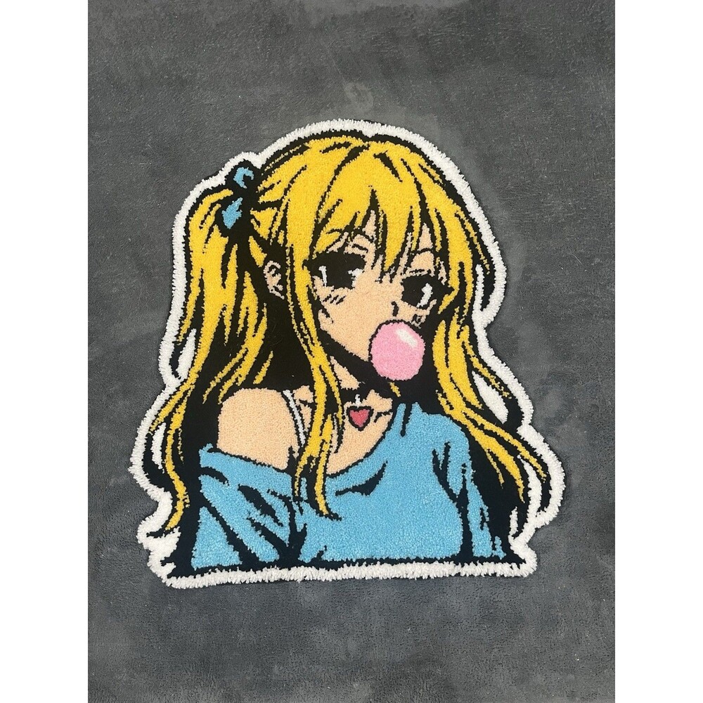 Custom Anime Tufted Rug Handmade Blonde Girl Blowing Bubble Gum Kawaii